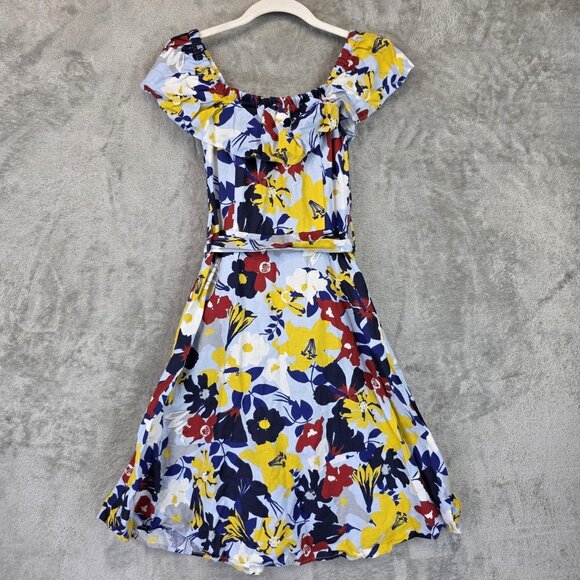 Zara Basic Dress Womens XS Multicolor Off Shoulder Ruffle Linen Summer Floral - Picture 9 of 9